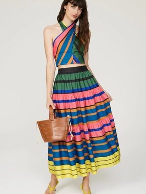 STAUD Striped Multi-Color Tiered Set. Kai Halter Top and Formentera Sea Skirt